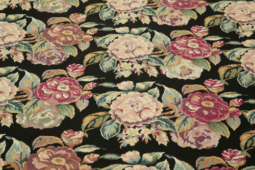 Needlepoint Floral Siyah Çiçekli Pamuk Yün El Dokuma Halısı 177x274 Agacan