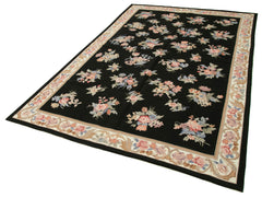 Needlepoint Floral Siyah Çiçekli Pamuk Yün El Dokuma Halısı 180x275 Agacan