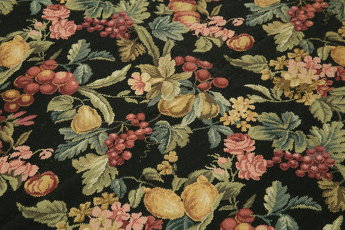Needlepoint Floral Siyah Çiçekli Pamuk Yün El Dokuma Halısı 183x275 Agacan