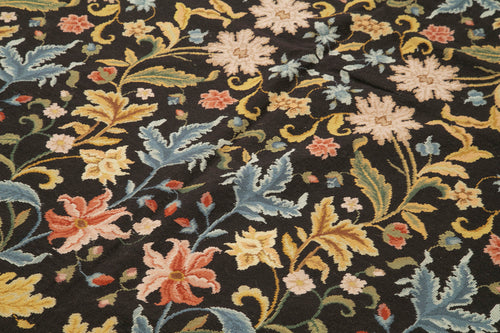 Needlepoint Floral Siyah Çiçekli Pamuk Yün El Dokuma Halısı 182x270 Agacan