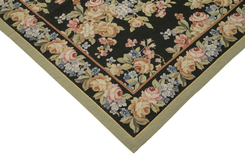 Needlepoint Floral Siyah Çiçekli Pamuk Yün El Dokuma Halısı 180x272 Agacan