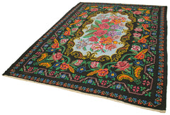 Moldovian Floral Siyah Çiçekli Pamuk Yün Keçi Tüyü El Dokuma Halısı 198x272 Agacan