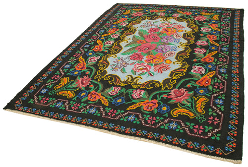 Moldovian Floral Siyah Çiçekli Pamuk Yün Keçi Tüyü El Dokuma Halısı 198x272 Agacan