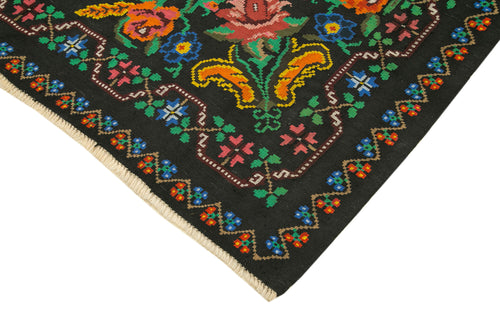 Moldovian Floral Siyah Çiçekli Pamuk Yün Keçi Tüyü El Dokuma Halısı 198x272 Agacan