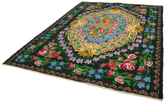 Moldovian Floral Siyah Çiçekli Pamuk Yün Keçi Tüyü El Dokuma Halısı 230x316 Agacan
