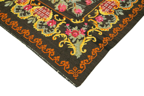 Moldovian Floral Siyah Çiçekli Pamuk Yün Keçi Tüyü El Dokuma Halısı 219x326 Agacan