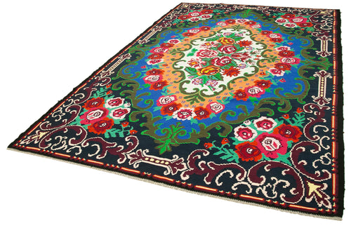 Moldovian Floral Siyah Çiçekli Pamuk Yün Keçi Tüyü El Dokuma Halısı 215x335 Agacan