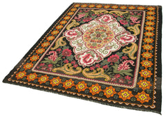 Moldovian Floral Siyah Çiçekli Pamuk Yün Keçi Tüyü El Dokuma Halısı 163x220 Agacan