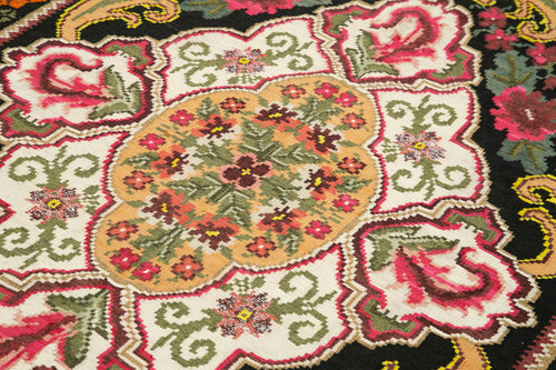 Moldovian Floral Siyah Çiçekli Pamuk Yün Keçi Tüyü El Dokuma Halısı 163x220 Agacan