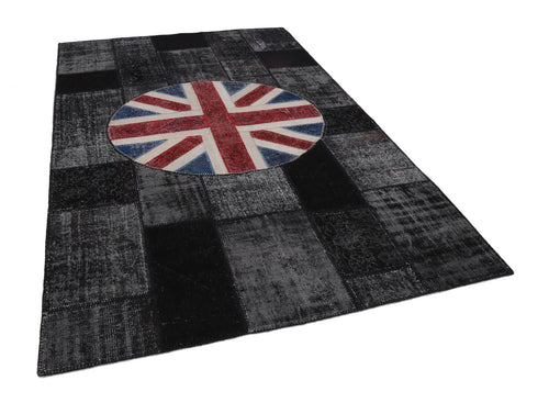 Flag Patchwork Siyah Figürlü Pamuk Yün El Dokuma Halısı 200x305 Agacan