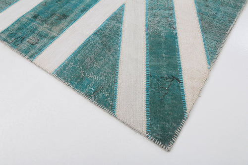 Flag Patchwork Turkuaz Figürlü Pamuk Yün El Dokuma Halısı 204x304 Agacan