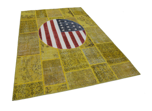 Flag Patchwork Sarı Figürlü Pamuk Yün El Dokuma Halısı 200x301 Agacan