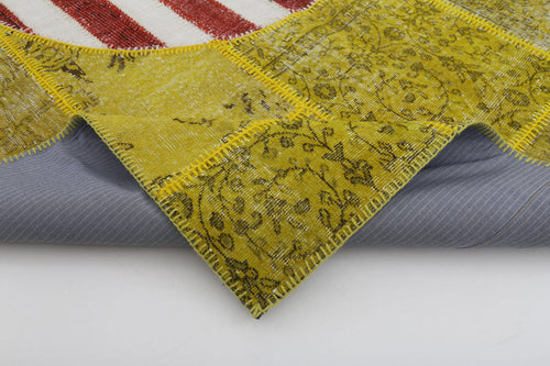 Flag Patchwork Sarı Figürlü Pamuk Yün El Dokuma Halısı 200x301 Agacan