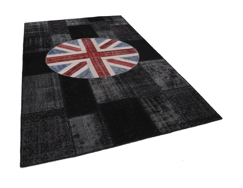 Flag Patchwork Siyah Figürlü Pamuk Yün El Dokuma Halısı 199x305 Agacan
