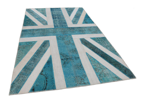 Flag Patchwork Turkuaz Figürlü Pamuk Yün El Dokuma Halısı 192x303 Agacan