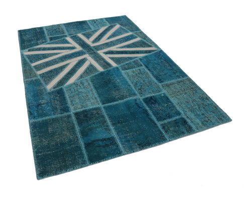 Flag Patchwork Turkuaz Figürlü Pamuk Yün El Dokuma Halısı 175x242 Agacan