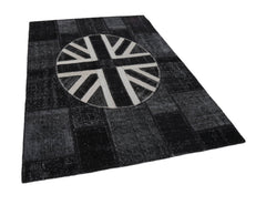 Flag Patchwork Siyah Figürlü Pamuk Yün El Dokuma Halısı 173x248 Agacan