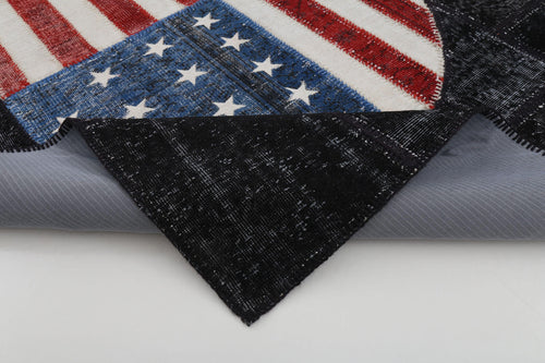 Flag Patchwork Siyah Figürlü Pamuk Yün El Dokuma Halısı 173x247 Agacan