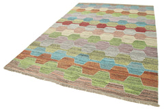 Scrap Fuşya Geometrik Pamuk Yün El Dokuma Halısı 207x300 Agacan