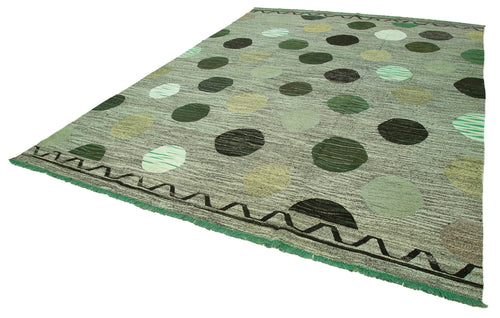 Scrap Yeşil Geometrik Pamuk Yün El Dokuma Halısı 305x432 Agacan