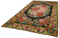 Moldovian Floral Siyah Çiçekli Pamuk Keçi Tüyü Yün El Dokuma Halısı 218x387 Agacan