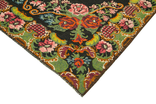 Moldovian Floral Siyah Çiçekli Pamuk Keçi Tüyü Yün El Dokuma Halısı 218x387 Agacan