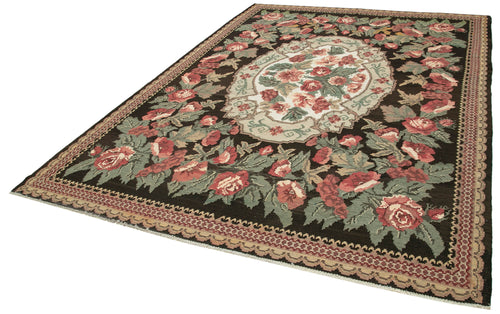 Moldovian Floral Siyah Çiçekli Pamuk Yün Keçi Tüyü El Dokuma Halısı 233x331 Agacan