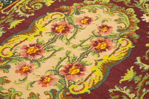 Moldovian Floral Kahverengi Çiçekli Pamuk Yün Keçi Tüyü El Dokuma Halısı 156x215 Agacan