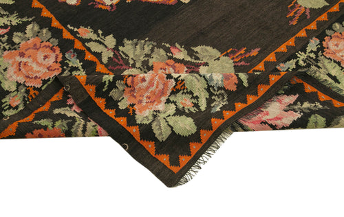 Moldovian Floral Siyah Çiçekli Pamuk Yün Keçi Tüyü El Dokuma Halısı 216x338 Agacan