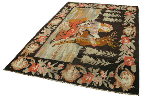 Moldovian Floral Siyah Çiçekli Pamuk Yün Keçi Tüyü El Dokuma Halısı 172x256 Agacan