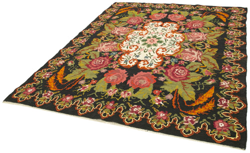 Moldovian Floral Siyah Çiçekli Pamuk Yün Keçi Tüyü El Dokuma Halısı 205x258 Agacan