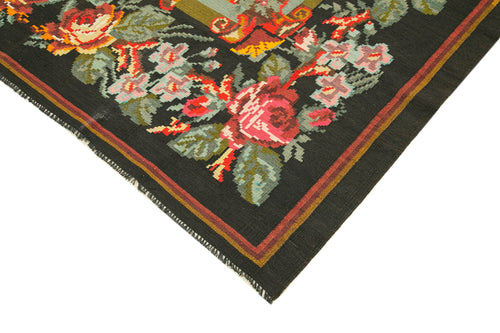 Moldovian Floral Siyah Çiçekli Pamuk Yün Keçi Tüyü El Dokuma Halısı 218x338 Agacan