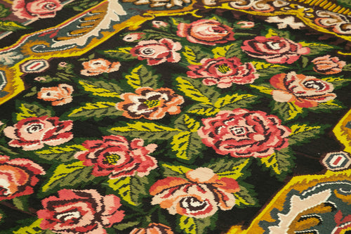 Moldovian Floral Siyah Çiçekli Pamuk Yün Keçi Tüyü El Dokuma Halısı 223x360 Agacan