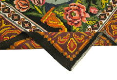 Moldovian Floral Siyah Çiçekli Pamuk Yün Keçi Tüyü El Dokuma Halısı 223x360 Agacan