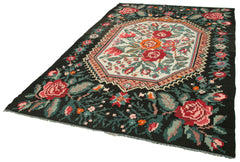 Moldovian Floral Siyah Çiçekli Pamuk Yün Keçi Tüyü El Dokuma Halısı 187x278 Agacan