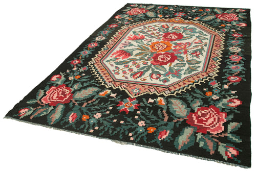 Moldovian Floral Siyah Çiçekli Pamuk Yün Keçi Tüyü El Dokuma Halısı 187x278 Agacan
