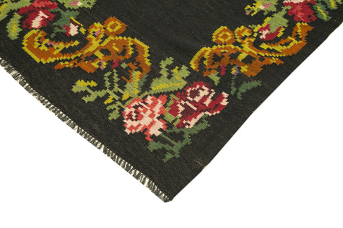 Moldovian Floral Siyah Çiçekli Pamuk Keçi Tüyü Yün El Dokuma Halısı 184x530 Agacan