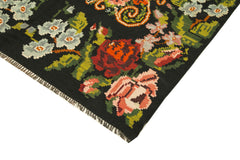 Moldovian Floral Siyah Çiçekli Pamuk Yün Keçi Tüyü El Dokuma Halısı 175x320 Agacan
