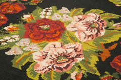 Moldovian Floral Siyah Çiçekli Pamuk Yün Keçi Tüyü El Dokuma Halısı 175x320 Agacan