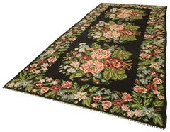 Moldovian Floral Siyah Çiçekli Pamuk Keçi Tüyü Yün El Dokuma Halısı 188x437 Agacan