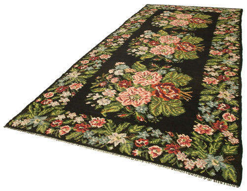 Moldovian Floral Siyah Çiçekli Pamuk Keçi Tüyü Yün El Dokuma Halısı 188x437 Agacan