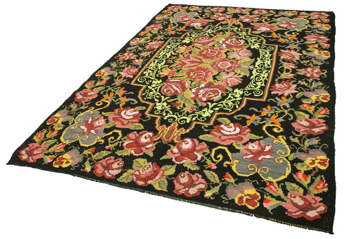 Moldovian Floral Siyah Çiçekli Pamuk Yün Keçi Tüyü El Dokuma Halısı 187x289 Agacan