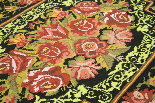 Moldovian Floral Siyah Çiçekli Pamuk Yün Keçi Tüyü El Dokuma Halısı 187x289 Agacan