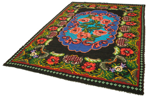 Moldovian Floral Siyah Çiçekli Pamuk Yün Keçi Tüyü El Dokuma Halısı 200x296 Agacan