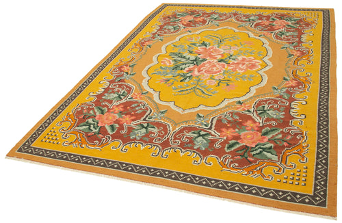Moldovian Floral Sarı Çiçekli Pamuk Yün Keçi Tüyü El Dokuma Halısı 197x291 Agacan