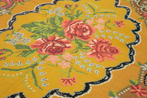 Moldovian Floral Sarı Çiçekli Pamuk Yün Keçi Tüyü El Dokuma Halısı 190x314 Agacan