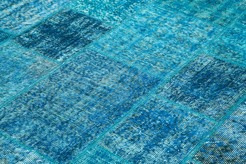 Kırk Yama Mavi Patchwork Pamuk Yün El Dokuma Halısı 200x298 Agacan