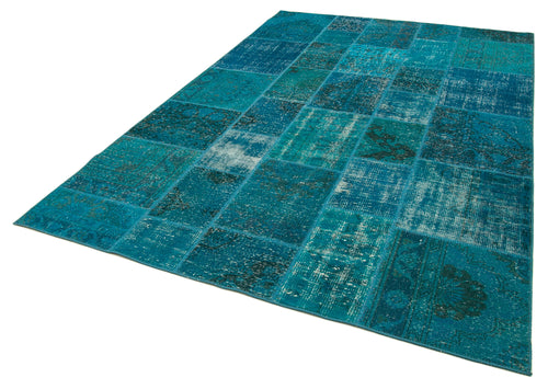 Kırk Yama Mavi Patchwork Pamuk Yün El Dokuma Halısı 200x298 Agacan