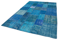Kırk Yama Mavi Patchwork Pamuk Yün El Dokuma Halısı 205x305 Agacan