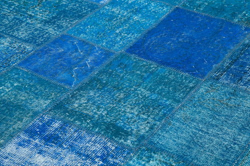 Kırk Yama Mavi Patchwork Pamuk Yün El Dokuma Halısı 206x298 Agacan